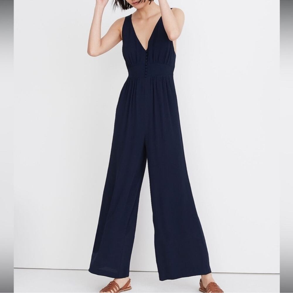 Madewell Navy V-Back Wide Leg Jumpsuit Size 0 Pockets Lightweight
